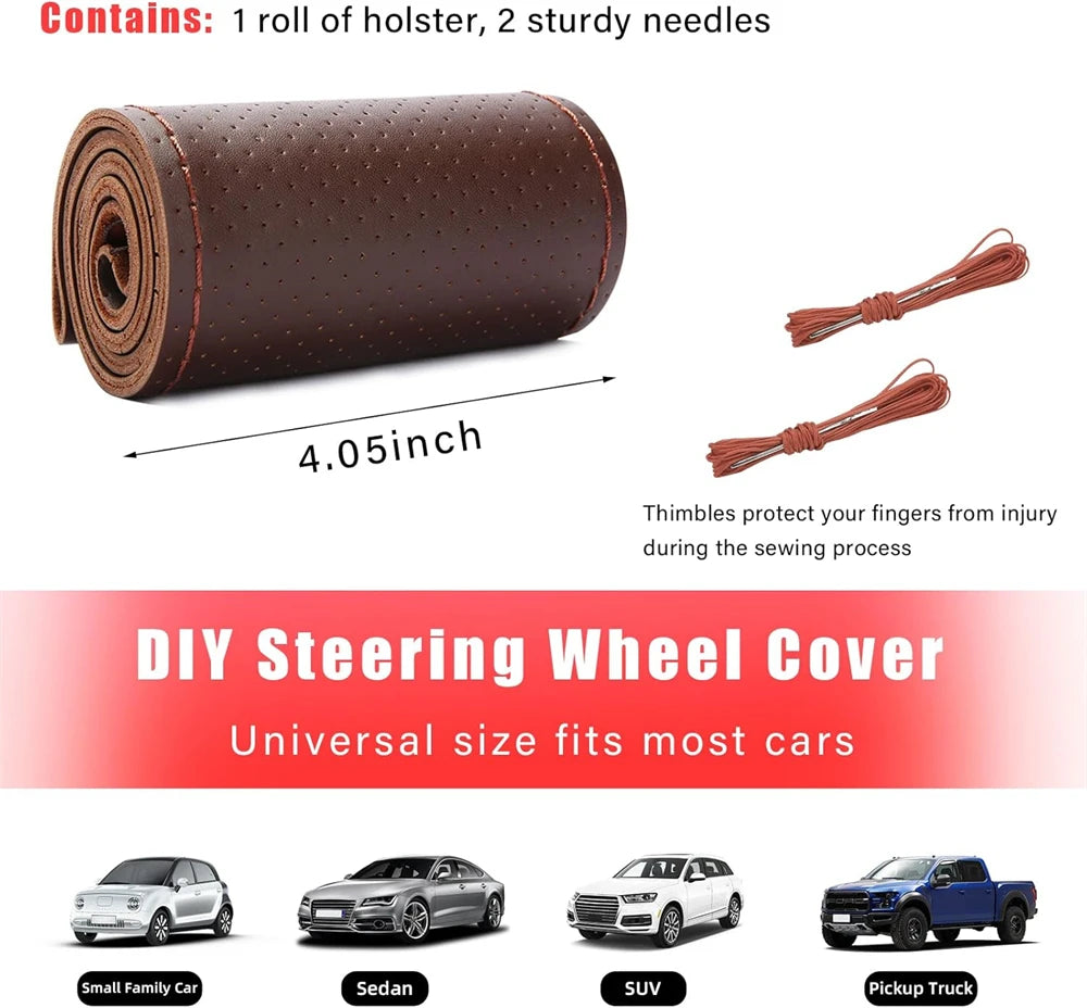 Genuine Leather Braid Steering Wheel Cover | 38cm Hand-Sewn Cowhide with Needles & Thread