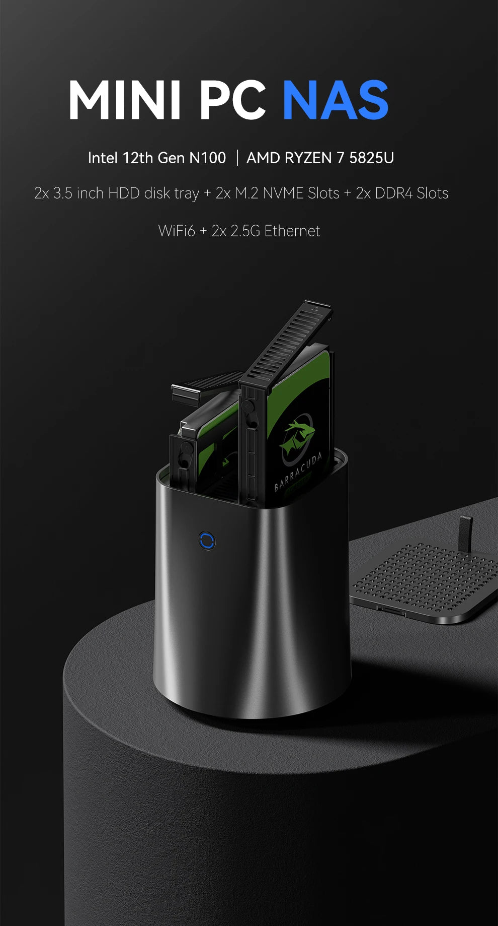 NAS Mini PC – Intel N150 / Ryzen 7 5825U, 2.5G Dual Ethernet, WiFi 6, M.2 NVMe, RAID, Windows 10/11
