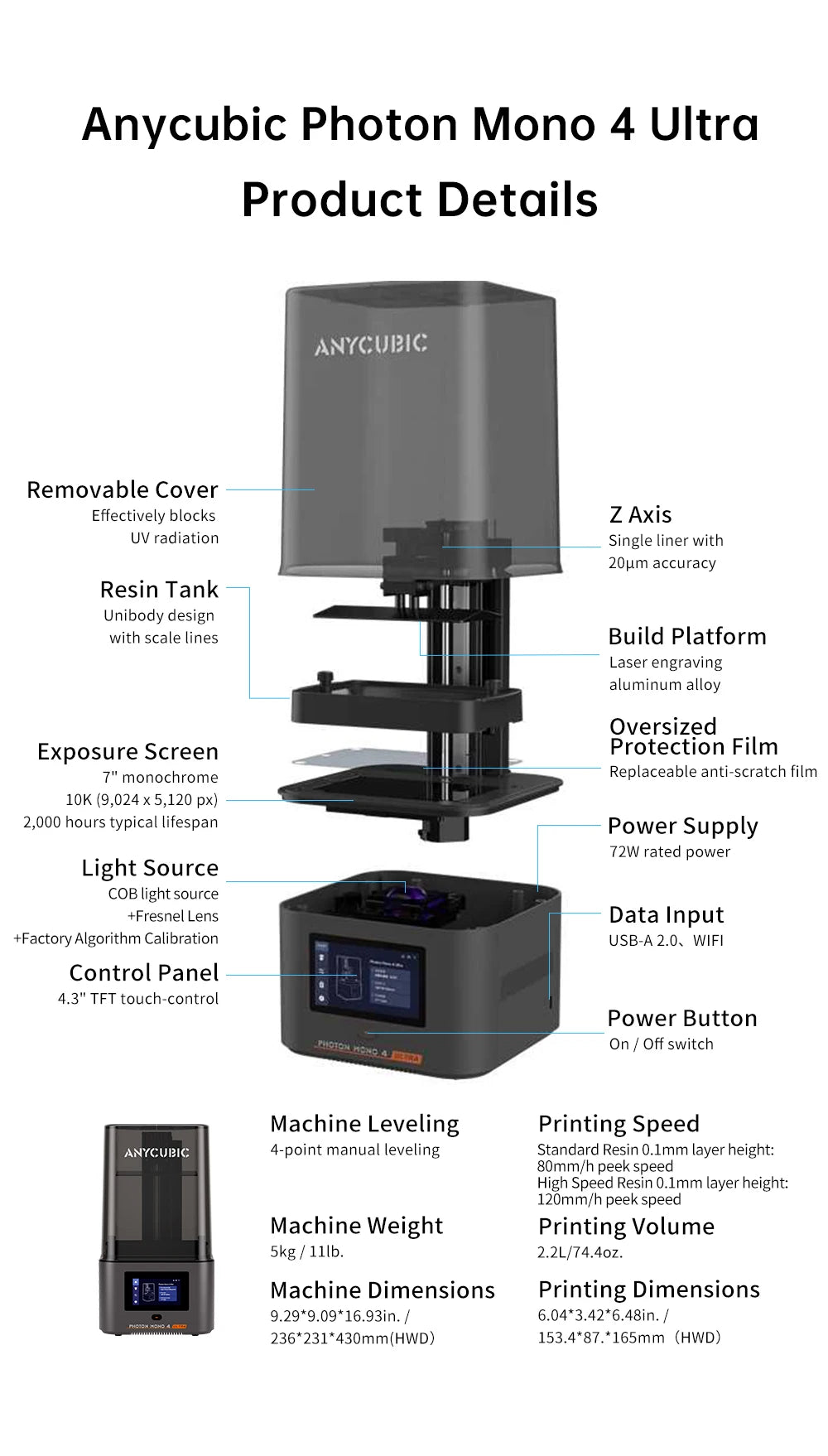 ANYCUBIC Photon Mono 4 Ultra AE LCD 3D Printer – 10K, 7", 2.2L Build Volume