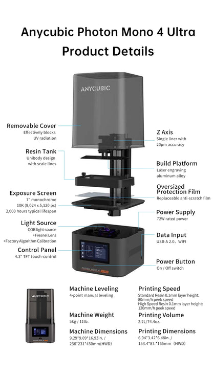 ANYCUBIC Photon Mono 4 Ultra AE LCD 3D Printer – 10K, 7", 2.2L Build Volume