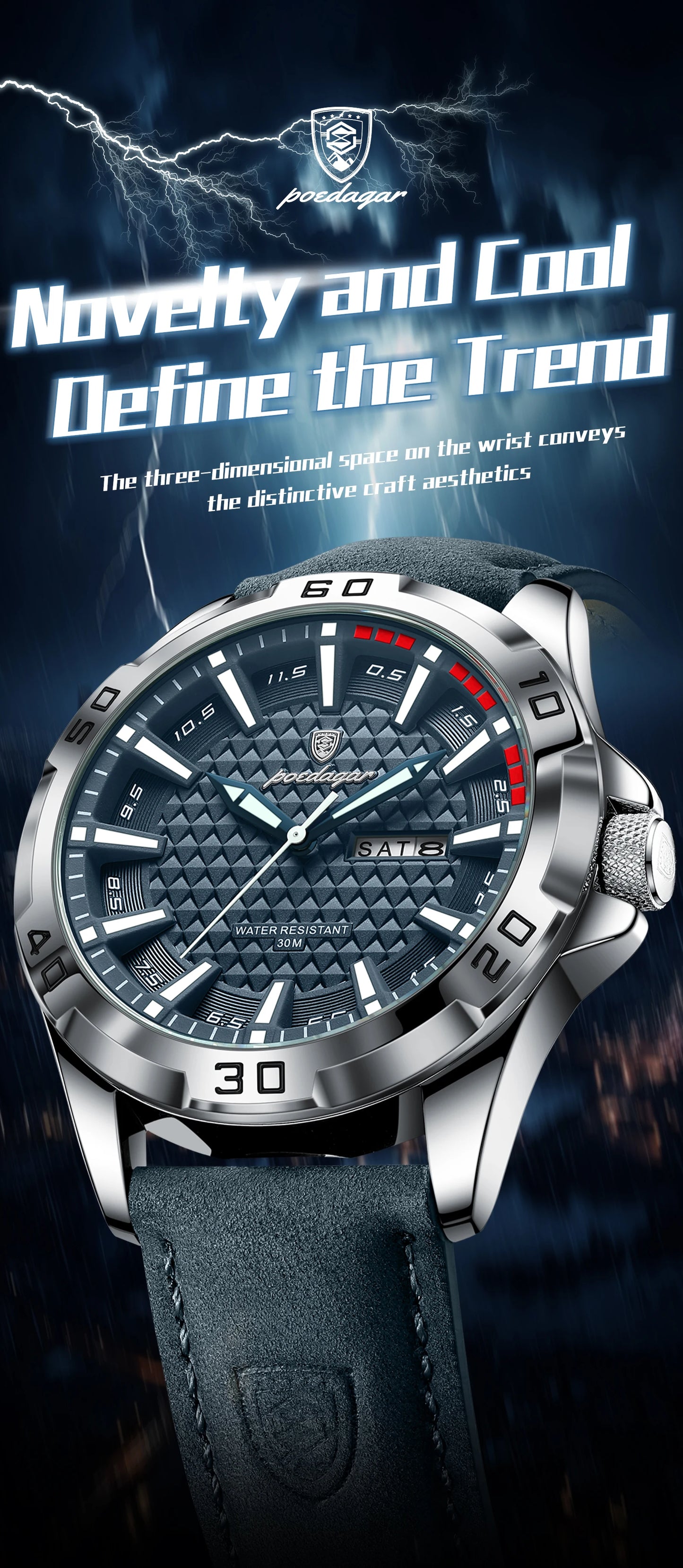 POEDAGAR Men's Luxury Wristwatch – Waterproof, Luminous, Date & Week Display, Quartz Sport Leather