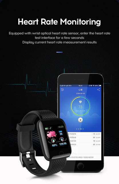 R.E.D. 116Plus Smart Watch with fitness tracker, heart rate monitor, and sleep tracking features on a black wristband.