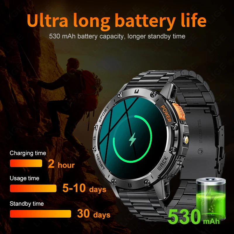 AMOLED Smart Watch for Men – Flashlight, Sports, Waterproof, Bluetooth Call + Box