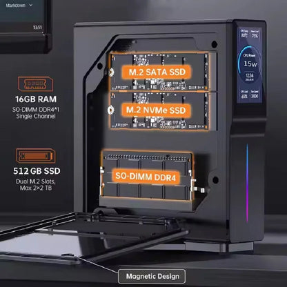 Intel N150 Mini PC by R.E.D. Shopping with LCD screen and NVMe SSD, compact desktop computer for gaming and home use.