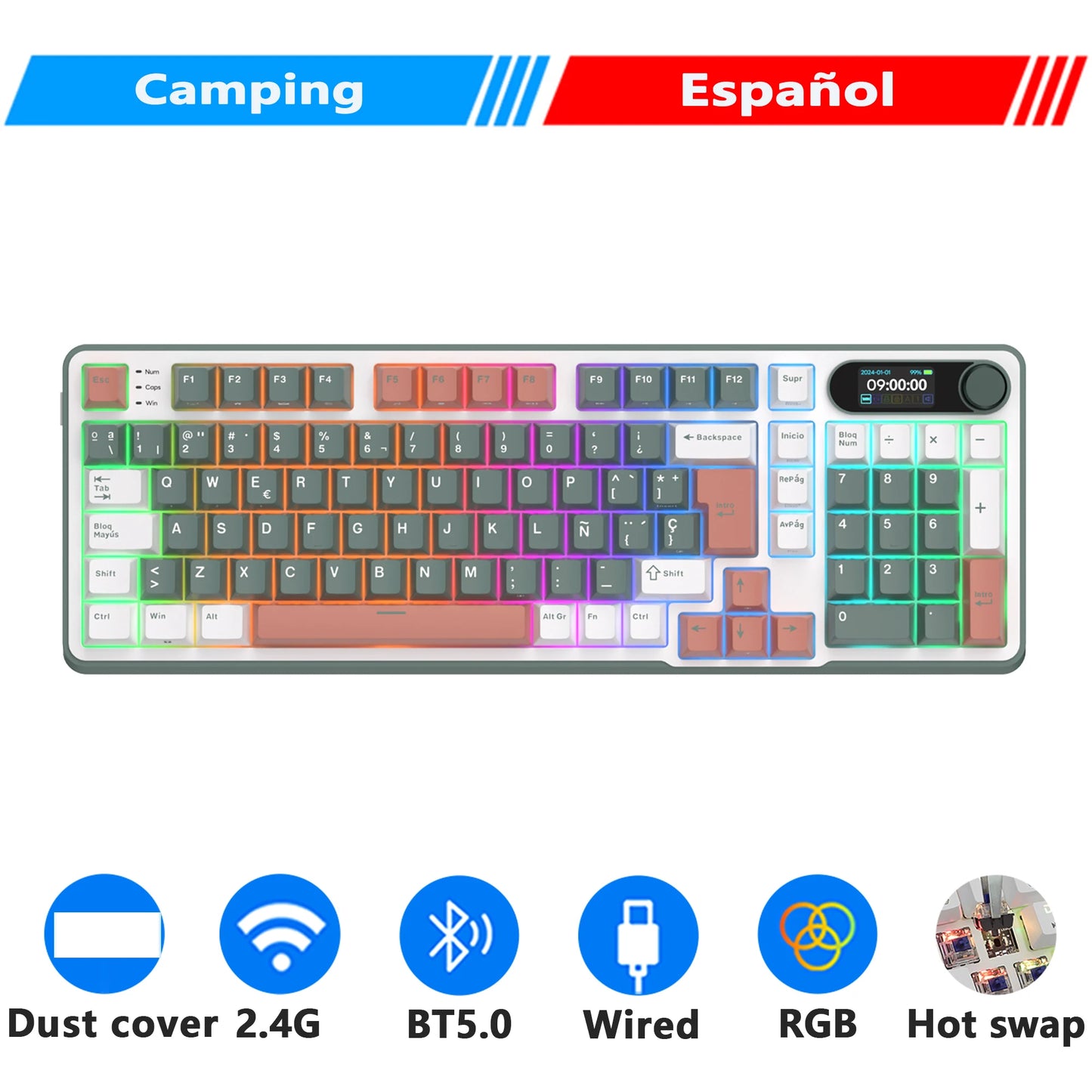 RK Royal Kludge S98 Wireless Mechanical Keyboard – 98 Key, Hot-Swap, TFT Screen, BT5.0/2.4G/USB-C