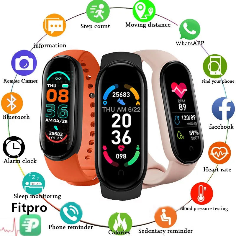 R.E.D. Shopping M6 Smart Fitness Bracelet displaying digital screen with heart rate and sleep monitoring features.