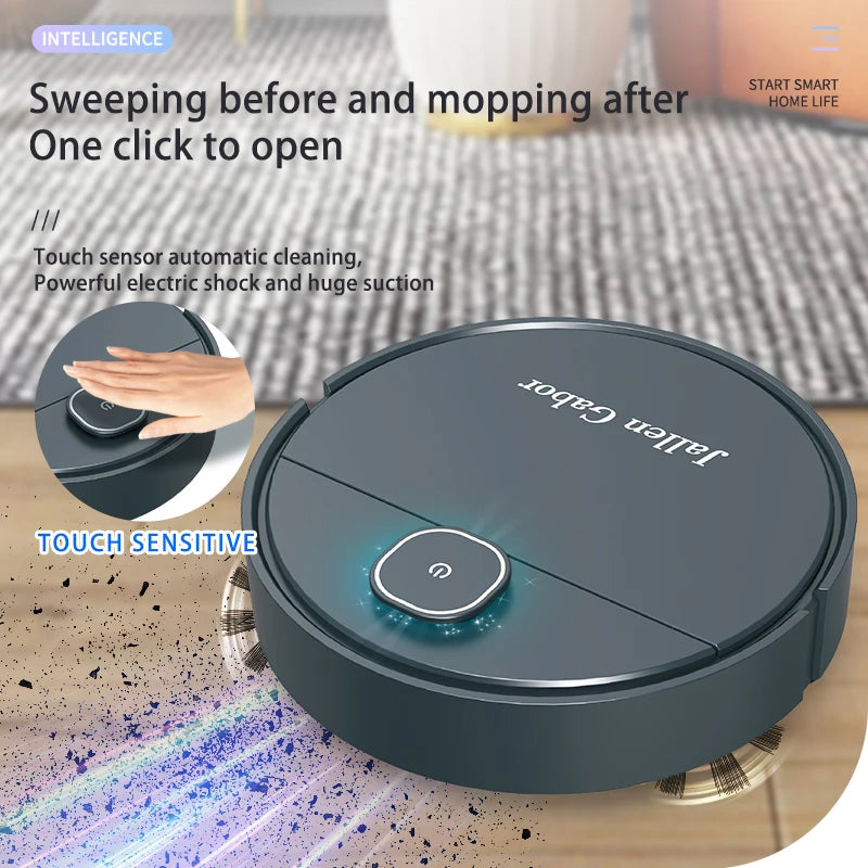 Wireless 3-in-1 smart sweeping robot by R.E.D. Shopping, compact vacuum cleaner for home cleaning, sweeping and vacuuming in one device.