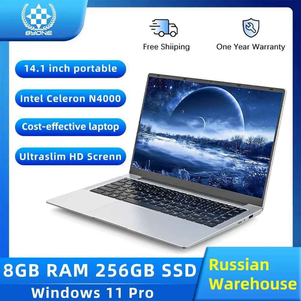 BYONE N7P-N4000 14" Ultraslim Laptop – Intel Celeron N4000, 8GB DDR4, 128GB–1TB SSD, Windows 11
