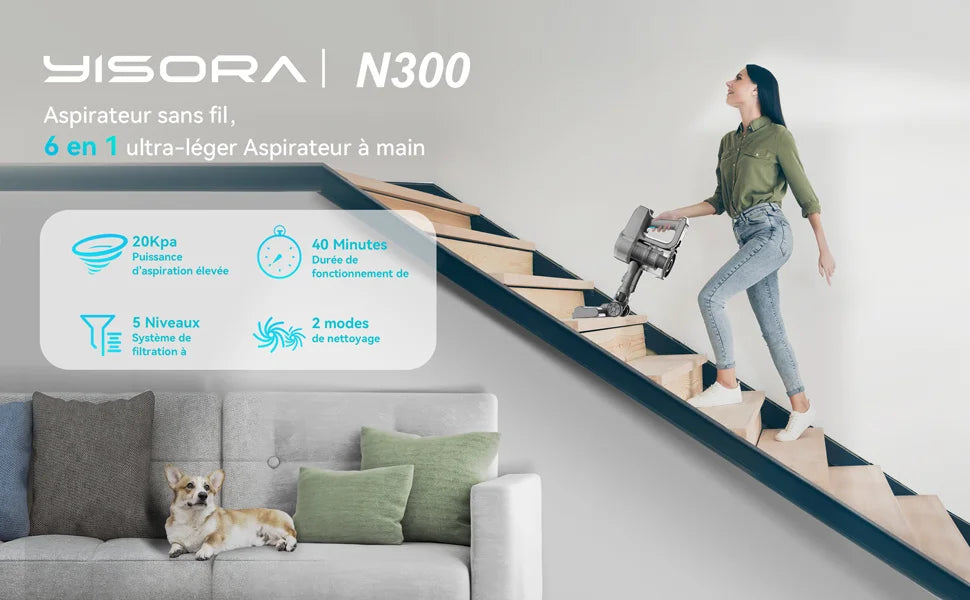YISORA N300 Cordless Upright Vacuum Cleaner – 20kPa, Lightweight Stick Vacuum for Carpet, Hard Floor & Pet Hair