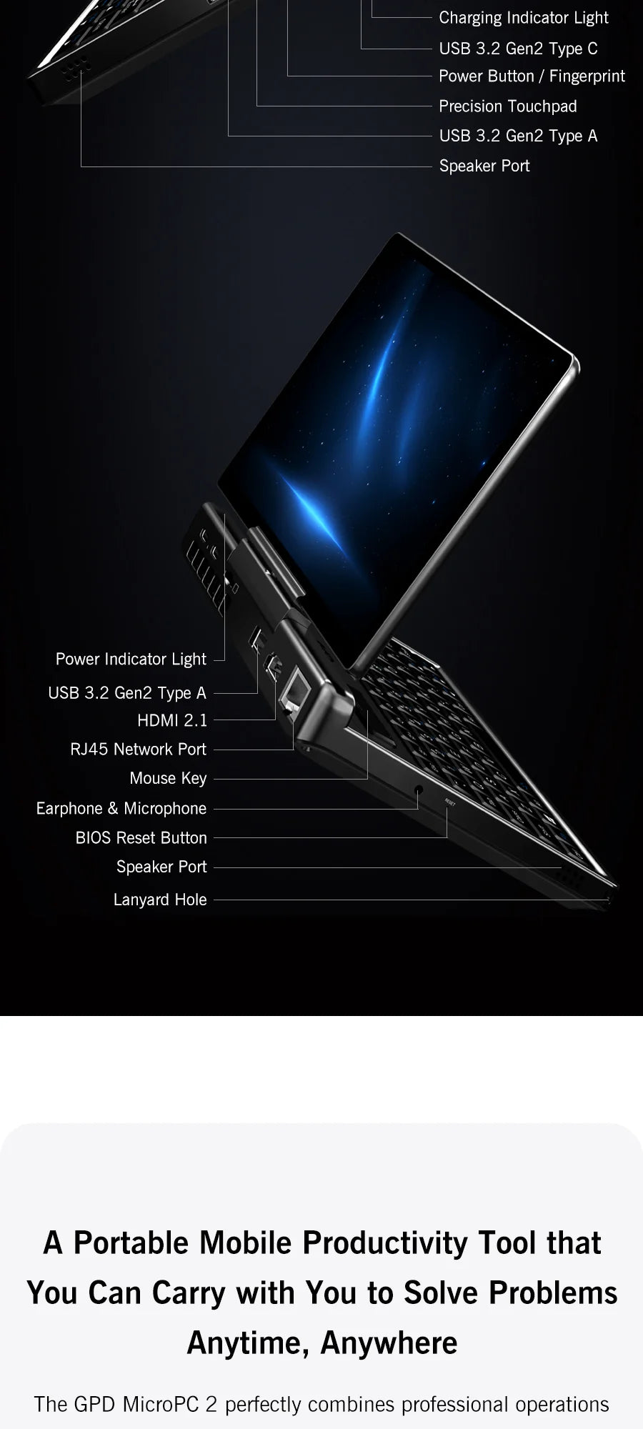 GPD MicroPC 2 – 7" Mini Laptop, Intel i3-N300, 16GB DDR5, 512GB SSD, Touch Screen, Windows 11