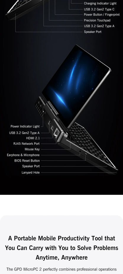 GPD MicroPC 2 – 7" Mini Laptop, Intel i3-N300, 16GB DDR5, 512GB SSD, Touch Screen, Windows 11