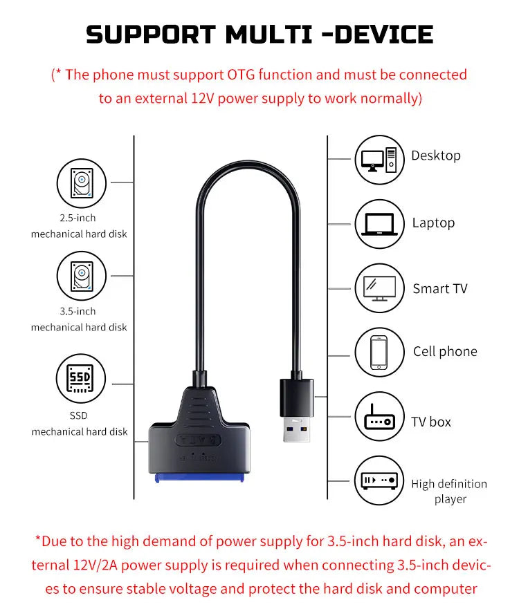USB 3.0 to SATA Cable for 2.5"/3.5" HDD & SSD – with 12V/2A Power Adapter