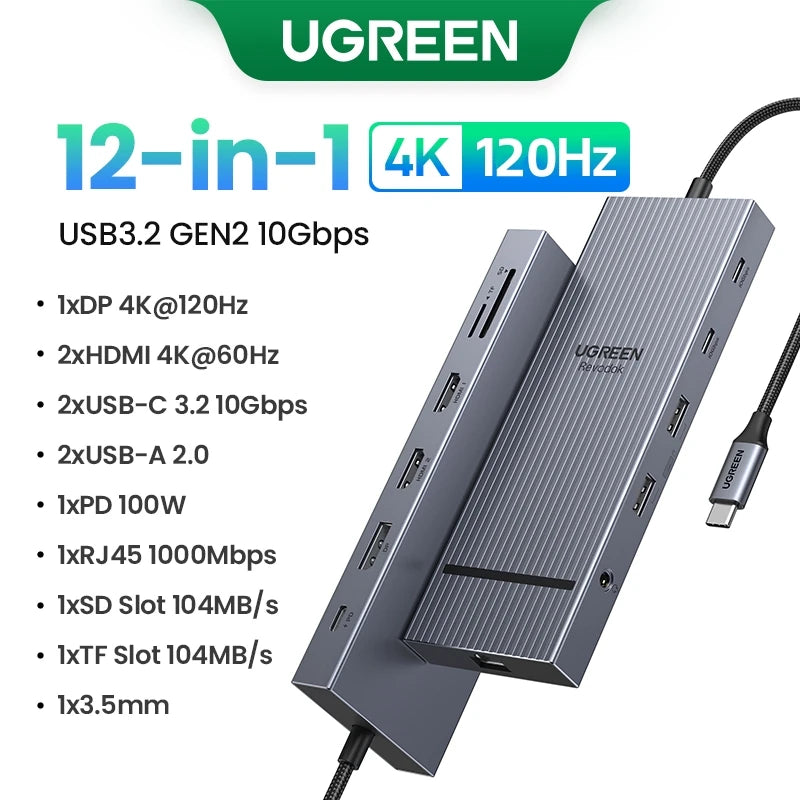 UGREEN USB-C Hub – Up to 12-in-1, 4K120Hz DP, 2xHDMI, RJ45, USB3.2 Gen2 10Gbps