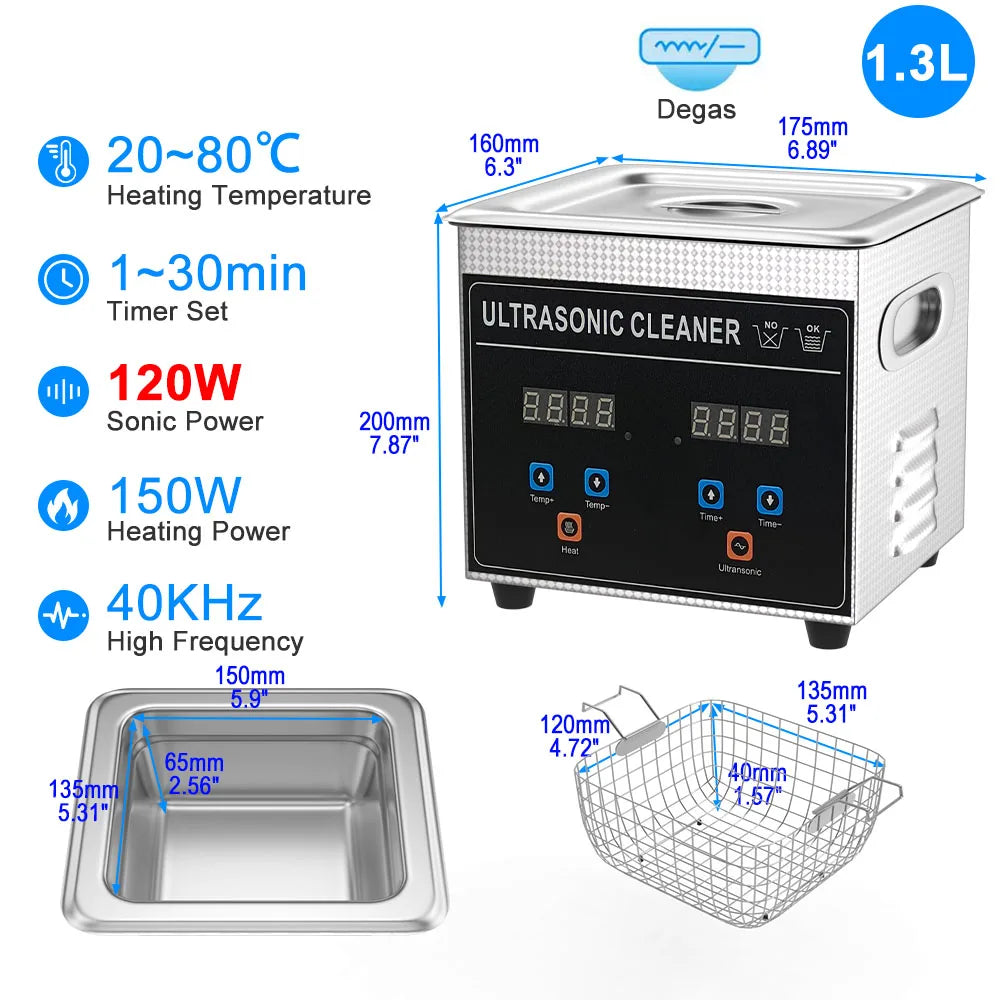 Ultrasonic Cleaner Bath 800ml–30L – Heated 35W–900W Portable Washing Machine, EU/UK/AU/US Plug