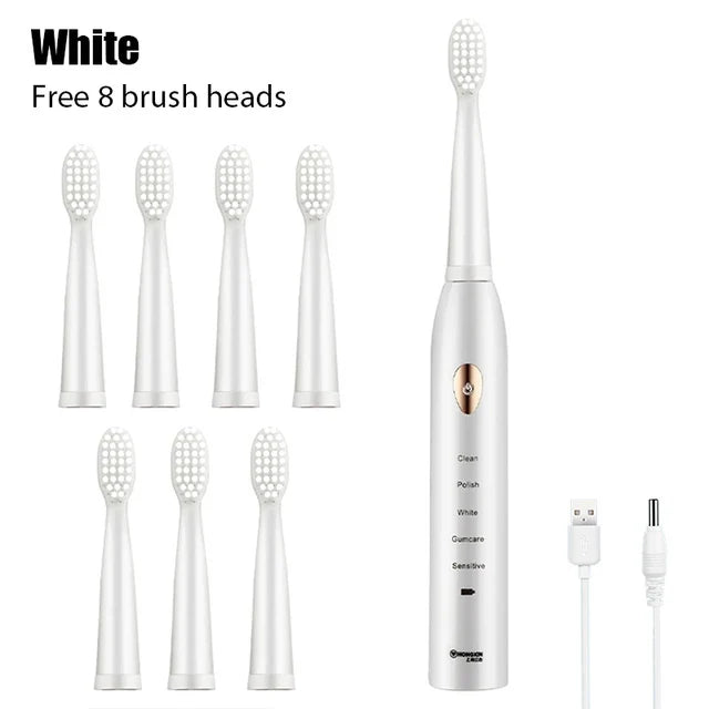 Rechargeable R.E.D. electric toothbrush with 5 cleaning modes, waterproof design, and 30-day battery life.