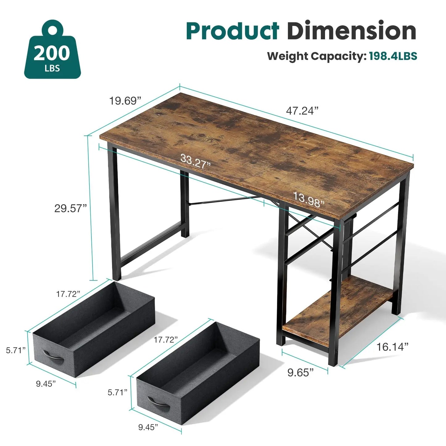 JHK Computer Desk with 2 Fabric Drawers | 40" & 47" Reversible Storage