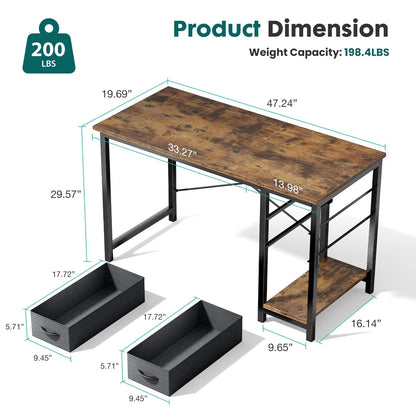 JHK Computer Desk with 2 Fabric Drawers | 40" & 47" Reversible Storage