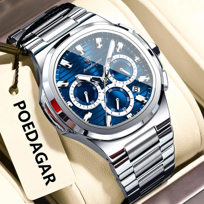 POEDAGAR Men's Luxury Chronograph Watch – Stainless Steel, Waterproof, Luminous, Date