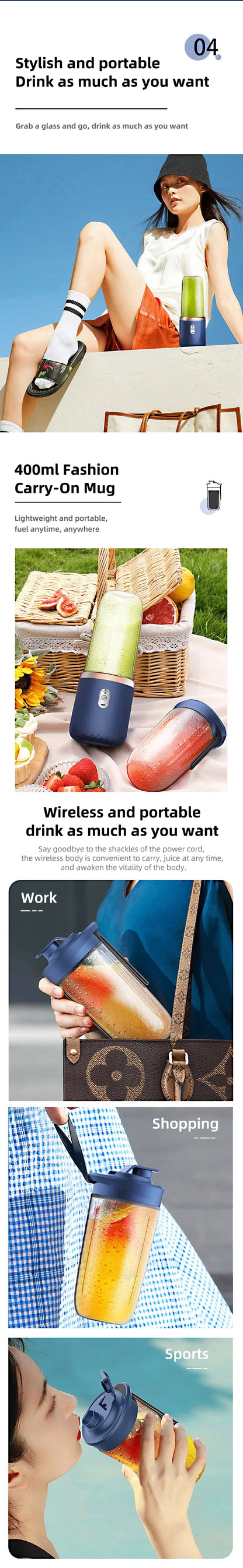 Portable Juicer Blender 400ml – USB Rechargeable Electric Fruit Juicer & Smoothie Cup