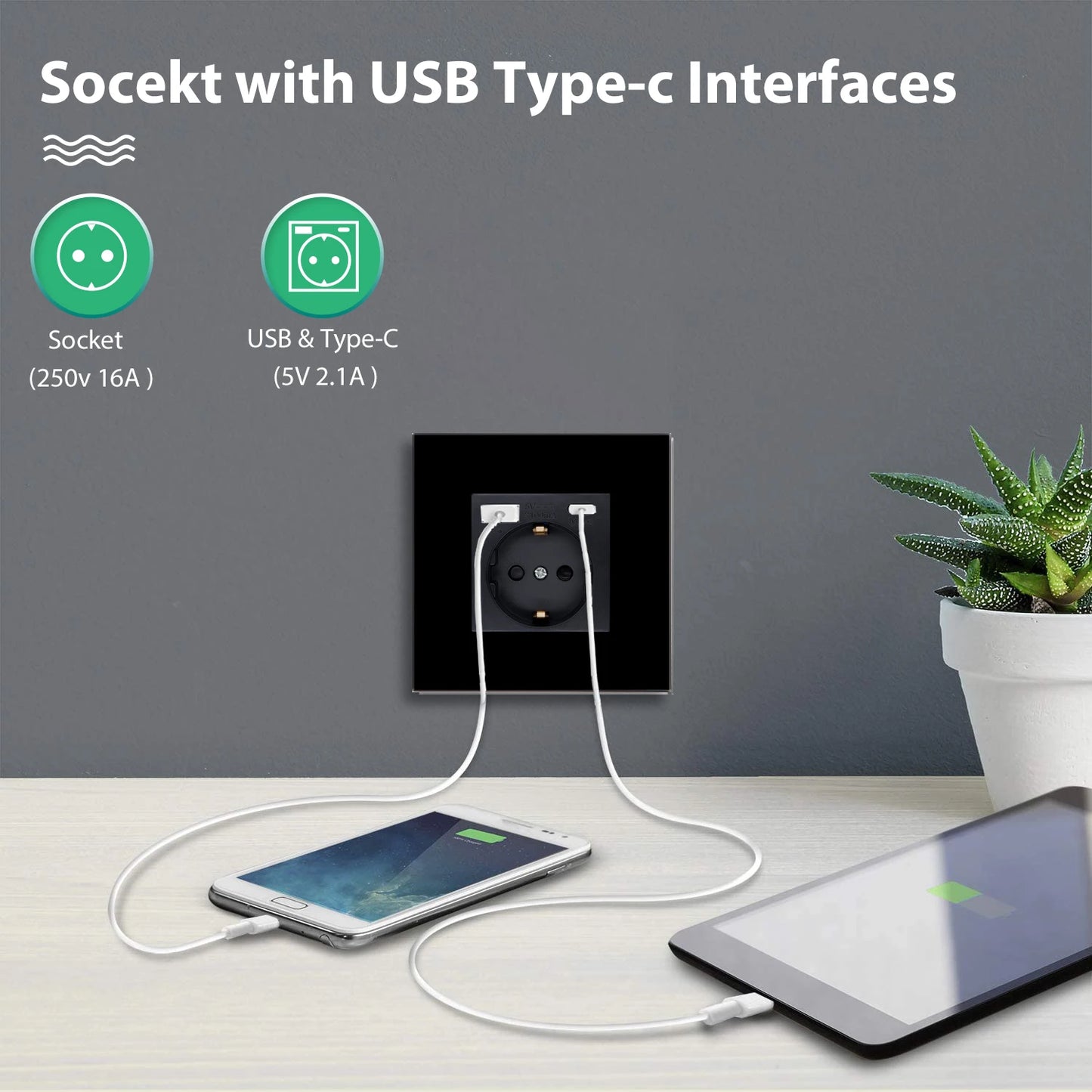 BSEED EU Wall Socket with USB-C Charging Port – Glass Panel 16A