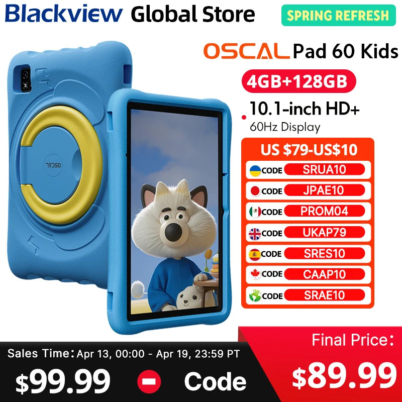 Blackview Oscal Pad 60 Kids Tablet – Android 15, 4GB+128GB, 10.1", WiFi, Blue & Pink
