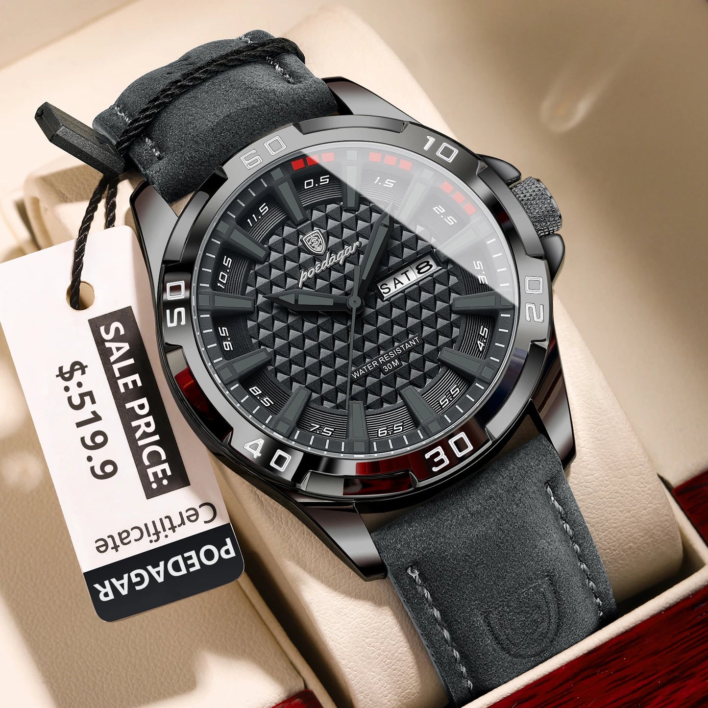 POEDAGAR Men's Luxury Wristwatch – Waterproof, Luminous, Date & Week Display, Quartz Sport Leather