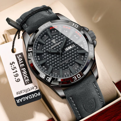 POEDAGAR Men's Luxury Wristwatch – Waterproof, Luminous, Date & Week Display, Quartz Sport Leather