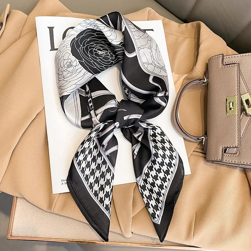 Elegant square silk scarf by R.E.D. Shopping, styled as a hairband and neck shawl, showcasing vibrant fabric and versatile design.