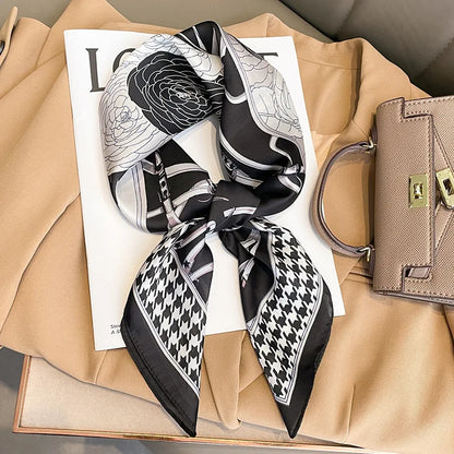 Elegant square silk scarf by R.E.D. Shopping, styled as a hairband and neck shawl, showcasing vibrant fabric and versatile design.