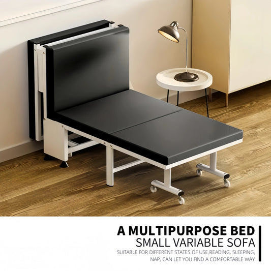 Heavy-duty folding bed with steel frame and lockable casters, available in 60, 70, 80, or 90cm, ideal for versatile bedroom use.