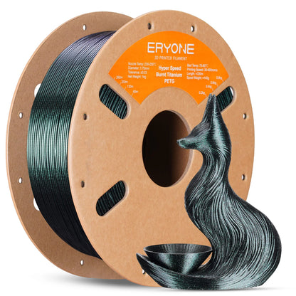 Burning Titanium PETG 3D printing filament by ERYONE, 1.75mm diameter, shown with spool and filament strand.