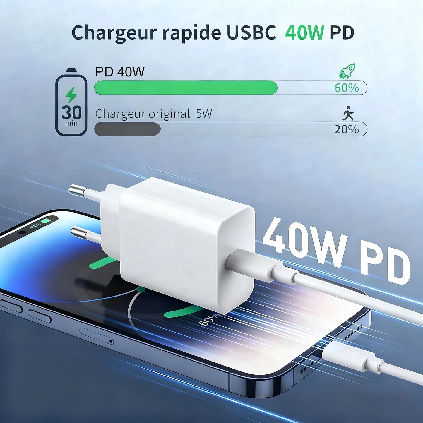 40W USB-C Fast Charger - Dual Port PD Quick Charge Wall Adapter
