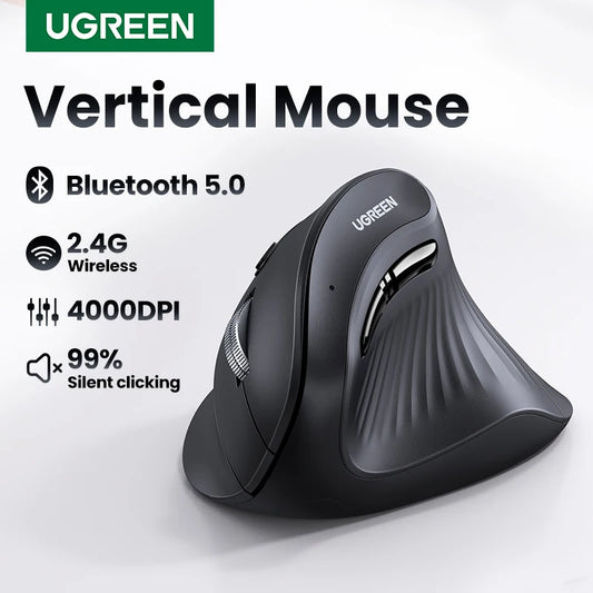 UGREEN Vertical Ergonomic Mouse – Bluetooth 5.0 & 2.4G Wireless, 4000DPI, 6 Silent Buttons, for Mac & PC