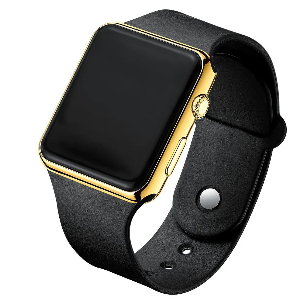 Digital LED watch with sport silicone wristband by R.E.D. Shopping, showing time display on a sleek black watch face.