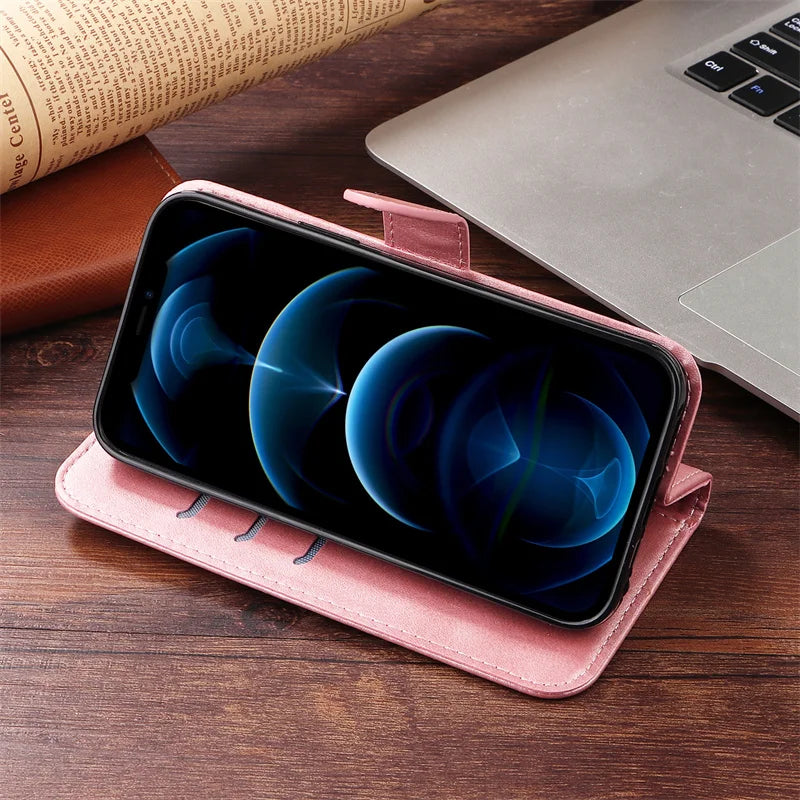 Leather iPhone 16 Plus zipper wallet case with card slots and magnetic stand, offering stylish protection for mobile phones.
