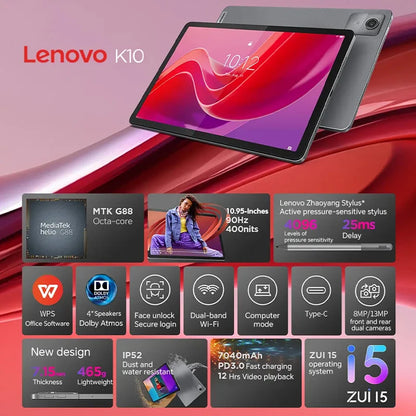 Lenovo Zhaoyang Tab K10 – 10.95" IPS 90Hz Tablet, 8GB RAM, 128GB, MTK Helio G88, IP52, 7040mAh, Global ROM