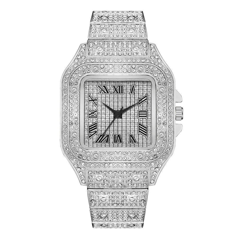 Men's luxury square rhinestone quartz watch with steel strap, stylish business wristwatch by R.E.D. Shopping.