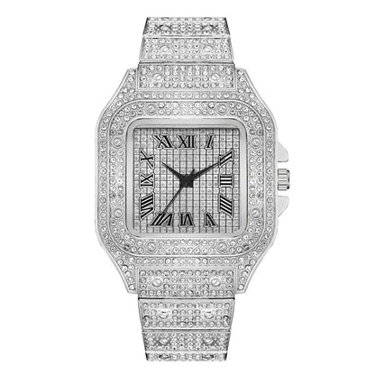 Men's luxury square rhinestone quartz watch with steel strap, stylish business wristwatch by R.E.D. Shopping.