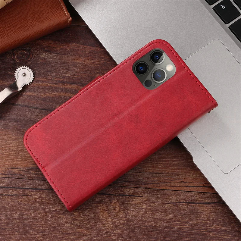 Leather iPhone 16 Plus zipper wallet case with card slots and magnetic stand, featuring a sleek R.E.D. Shopping design.