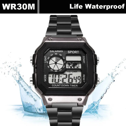 YIKAZE Men's Military LED Sport Watch - Luxury Stainless Steel Strap, Waterproof Digital Wristwatch