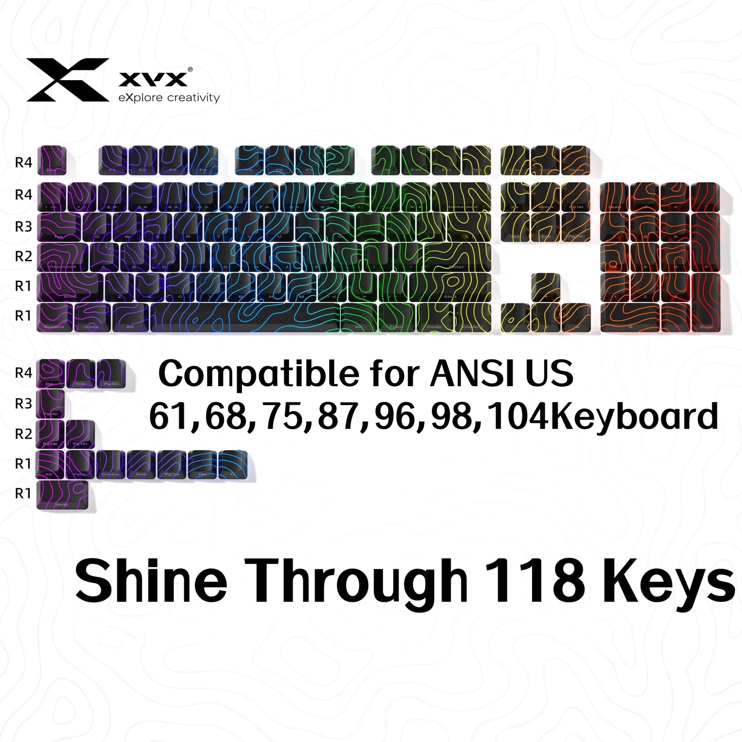 XVX Topographic Keycaps 118 Keys – OEM Profile, Shine-Through, IMD-Tech, Side Print
