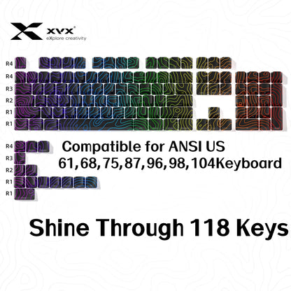 XVX Topographic Keycaps 118 Keys – OEM Profile, Shine-Through, IMD-Tech, Side Print