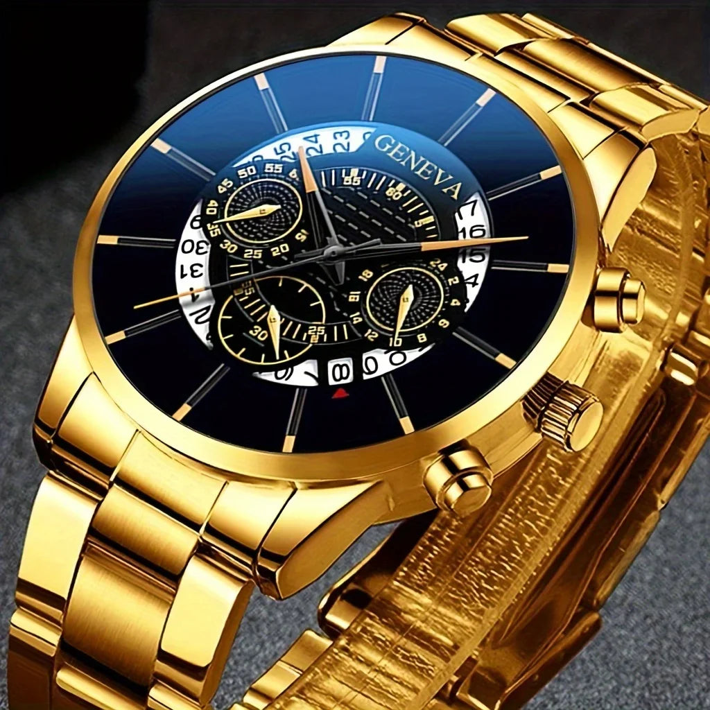 Men's Quartz Watch Set – 3-Piece Stainless Steel Strap, Circular Dial, Date Function