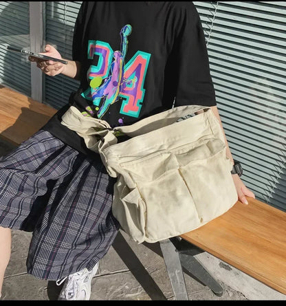 Large Canvas Messenger Bag - Multi-Pocket Hip Hop Style Shoulder Bag