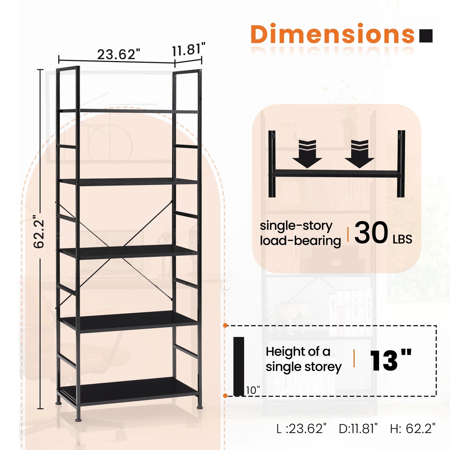 JHK 5-Tier Bookcase Bookshelf | Metal Frame Storage Organizer
