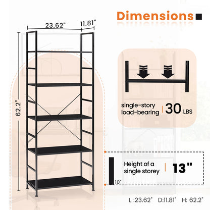 JHK 5-Tier Bookcase Bookshelf | Metal Frame Storage Organizer