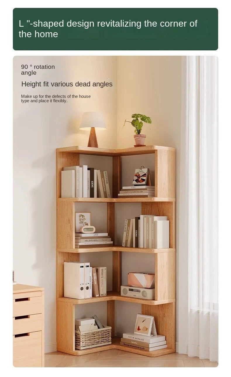 Solid wood corner bookshelf rack by R.E.D. Shopping, multi-layer storage shelf for home or living room corner organization.
