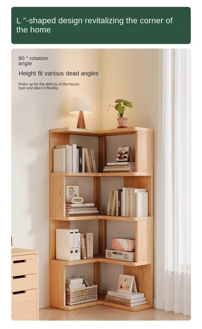 Solid wood corner bookshelf rack by R.E.D. Shopping, multi-layer storage shelf for home or living room corner organization.