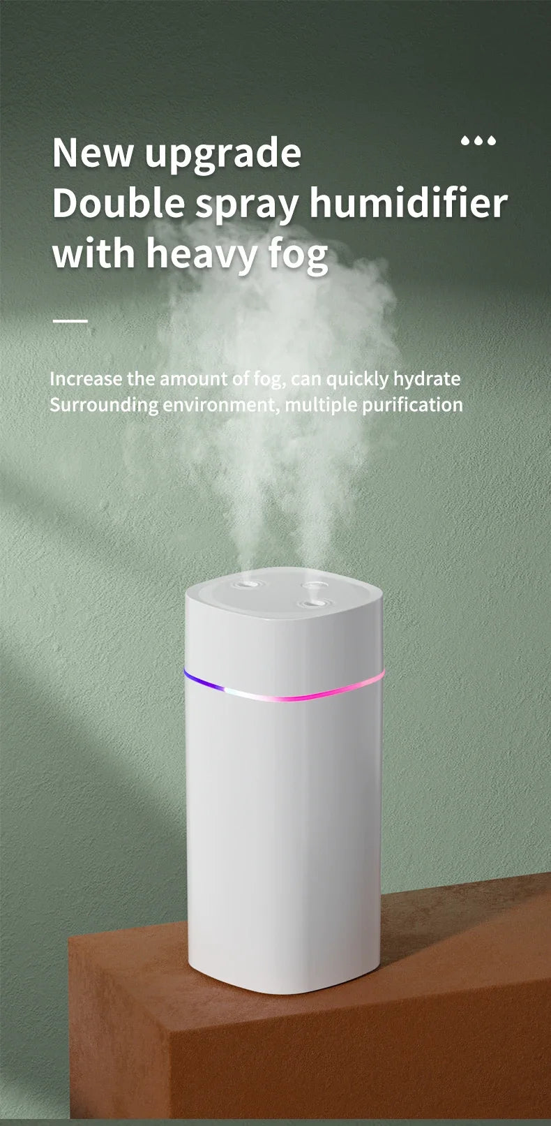 Air Humidifier Double Spray – Aromatherapy, Colorful LED, Heavy Fog, Mute