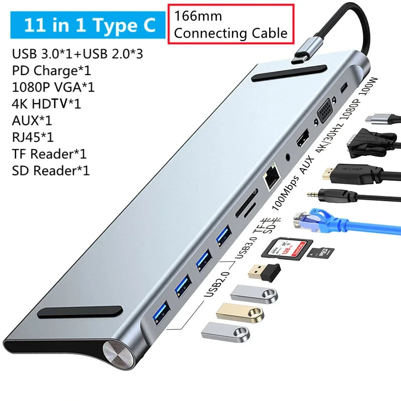 YOLPHA 12-in-1 USB-C Docking Station – Dual HDMI, PD100W, VGA, SD/TF, Audio, OTG
